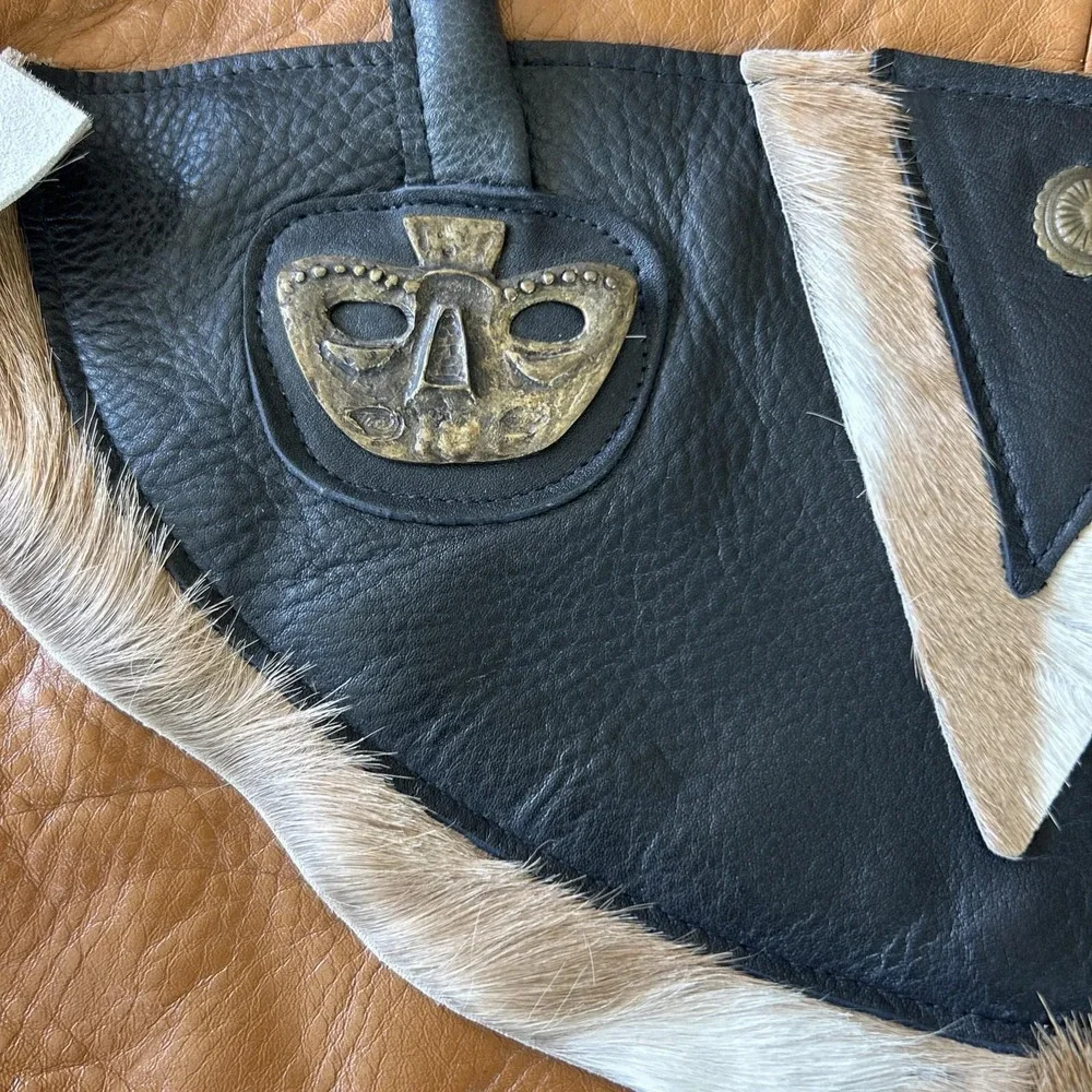 Vintage Artisan Leather Handbag Deerskin Trim Brass Inca Masks Tribal Boho Style